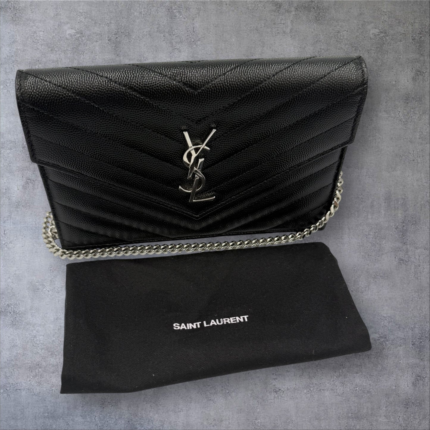 Saint Laurent YSL Black Wallet on Chain with silver logo shoulder bag