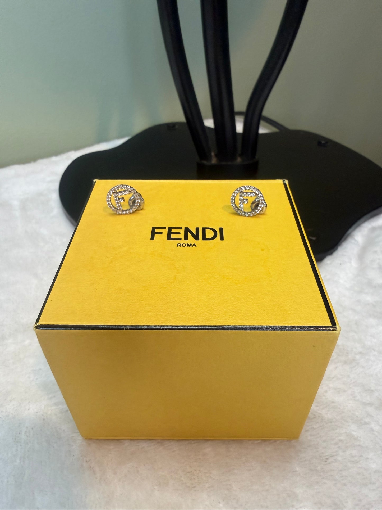 1747. Fendi Silver F Logo earrings with micro Crystals