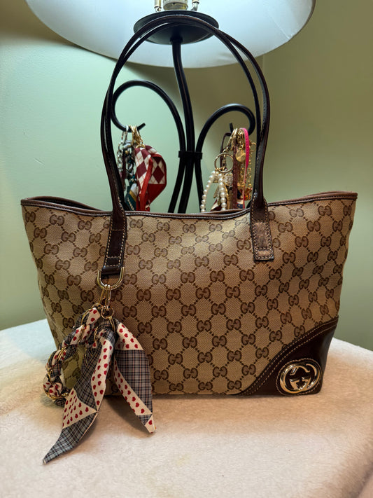 Gucci Vintage Brown GG Canvas New Britt Tote with Striped Interior