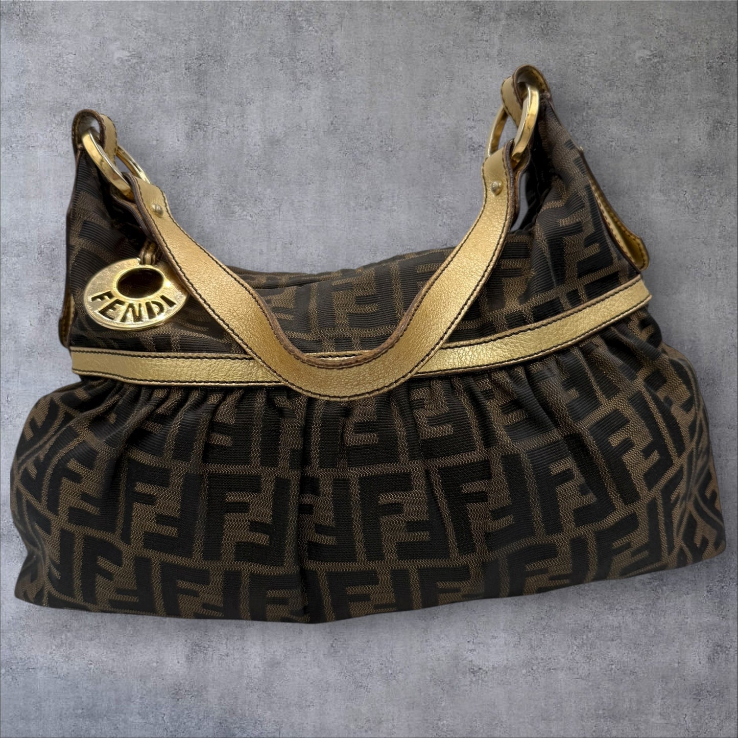 282. Fendi Zucca Chef Shoulder Bag with Gold Trim