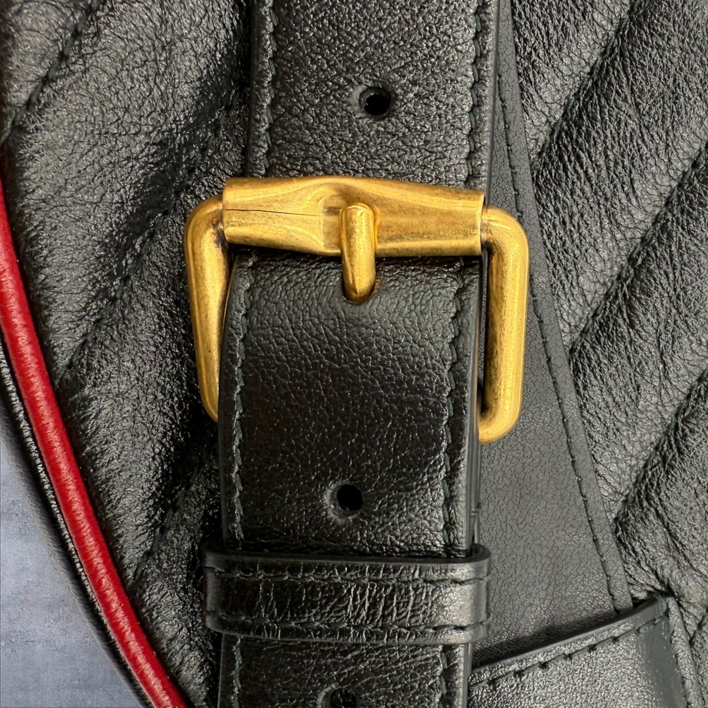 340. Gucci GG Black Calfskin Marmont Matelasse Leather Belt Bag with red trim