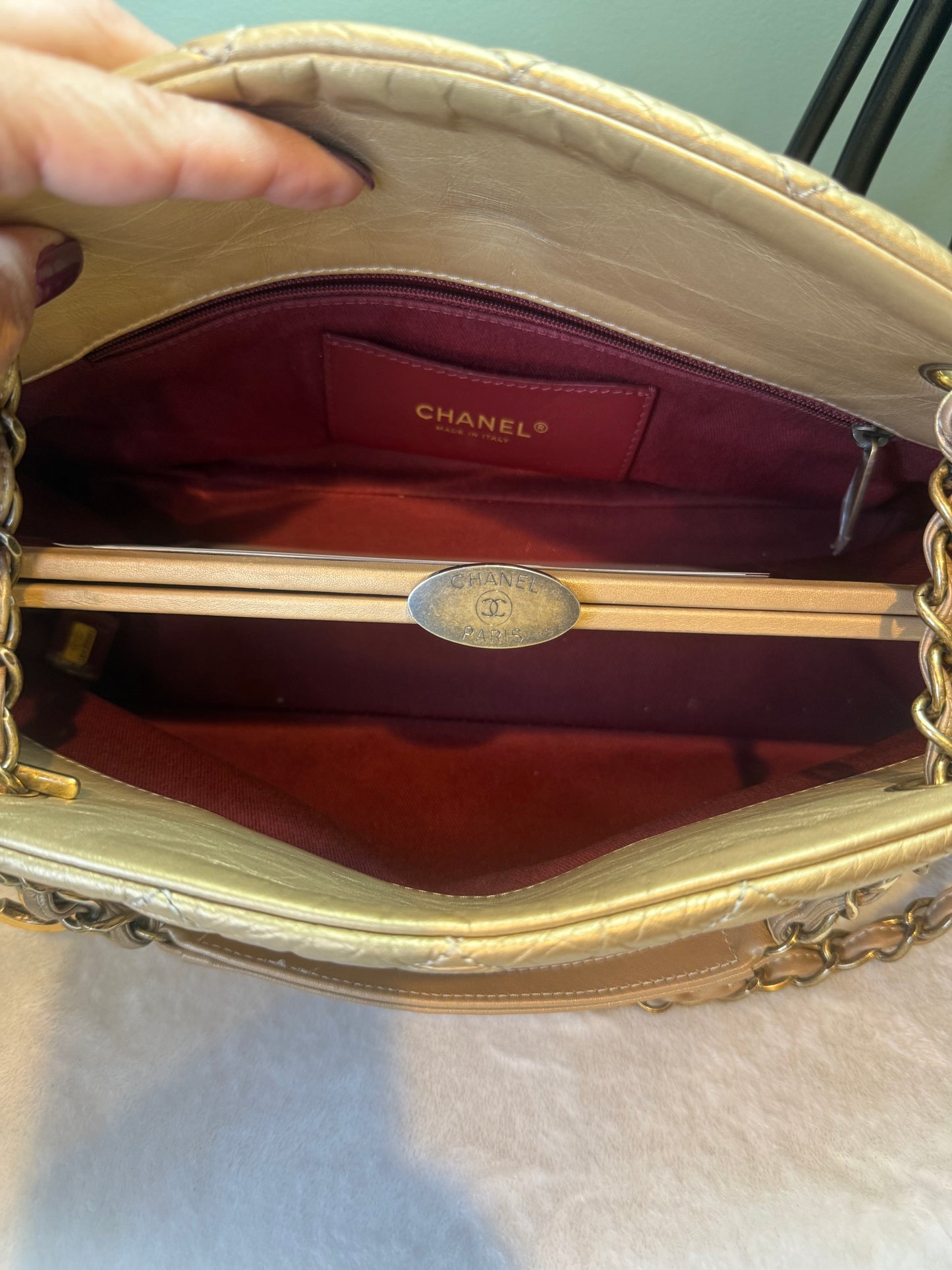 1851. Chanel Gold Aged Calfskin Just Mademoiselle Bowling Bag