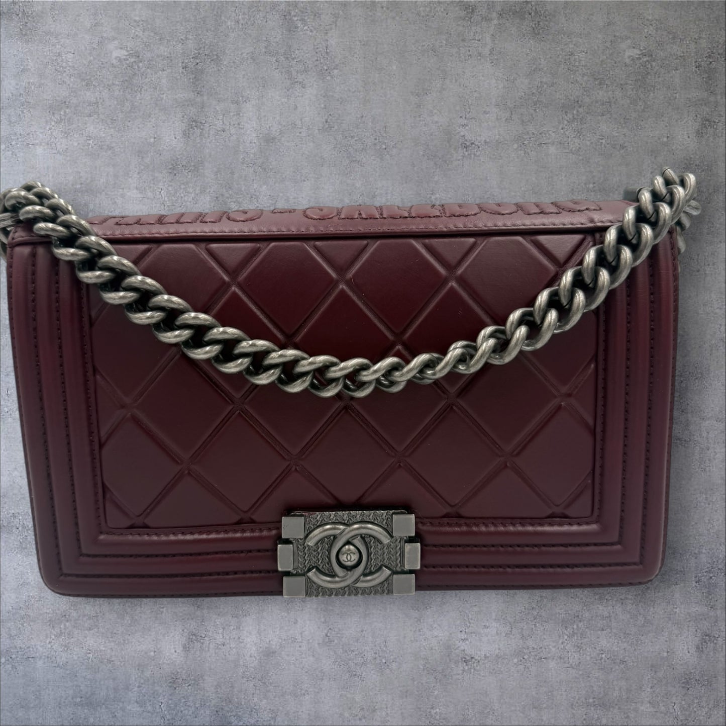 710. Chanel Burgundy Embossed Calfskin Paris Salzburg Medium Boy