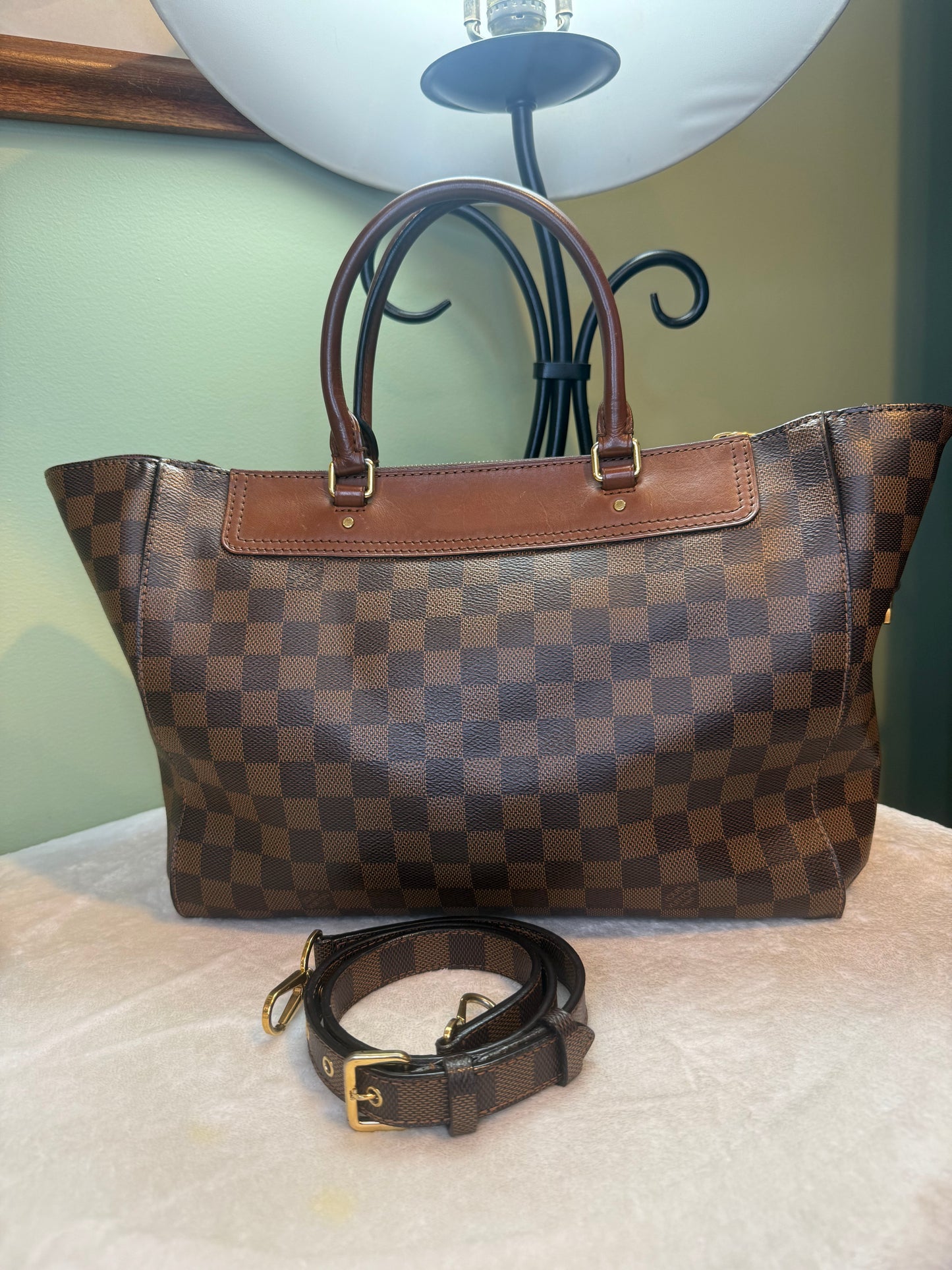 1875. Louis Vuitton Damier Ebene Greenwich PM Tote with Brown leather