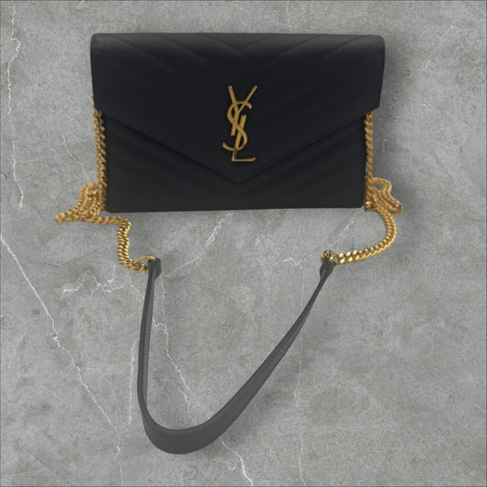 Saint Laurent YSL Dark Grey pebbled Chevron Cassandre Wallet on Chain