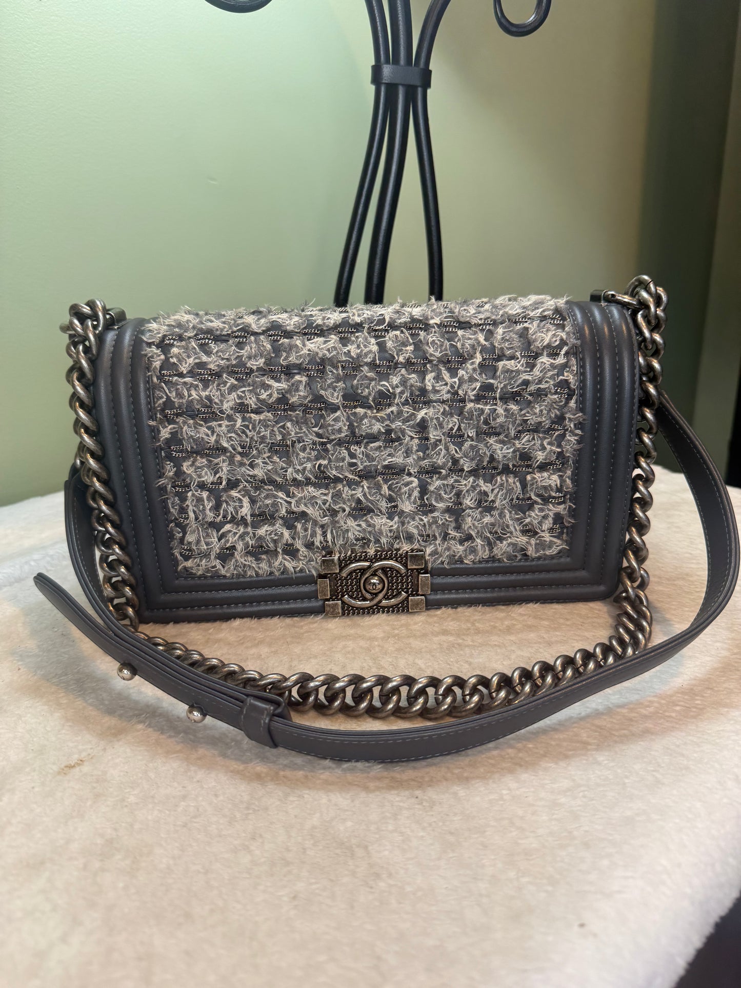 990. Chanel Grey Medium Braided tweed Calfskin Boy Bag Series 23