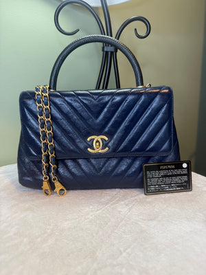 1898. Chanel Navy Crinkled Calfskin Lizard Medium Coco Top Handle Flat Bag