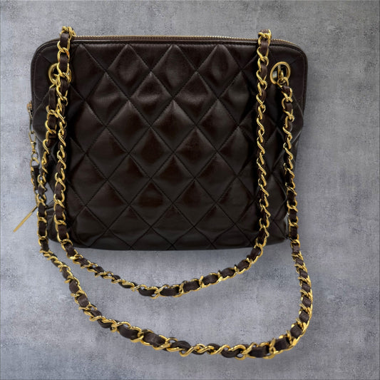 391. Chanel Vintage Chocolate Brown Quilted Leather Shoulder Bag with Chain