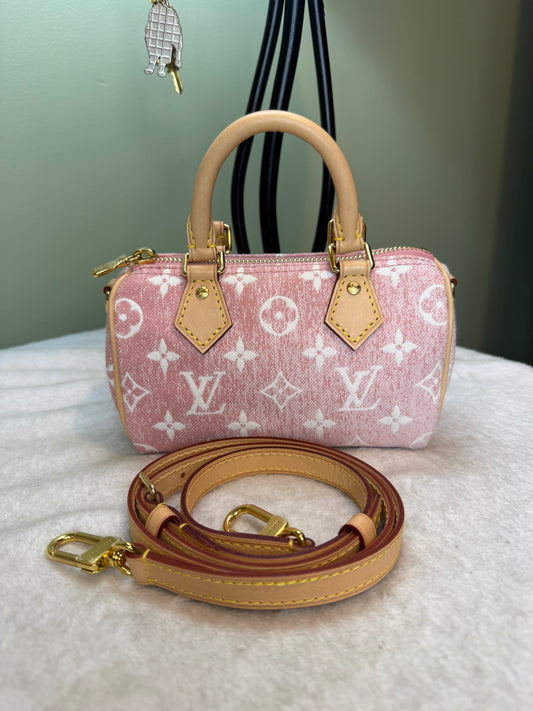 964. Louis Vuitton Pink Monogram Jacquard Denim Nano Speedy Bando