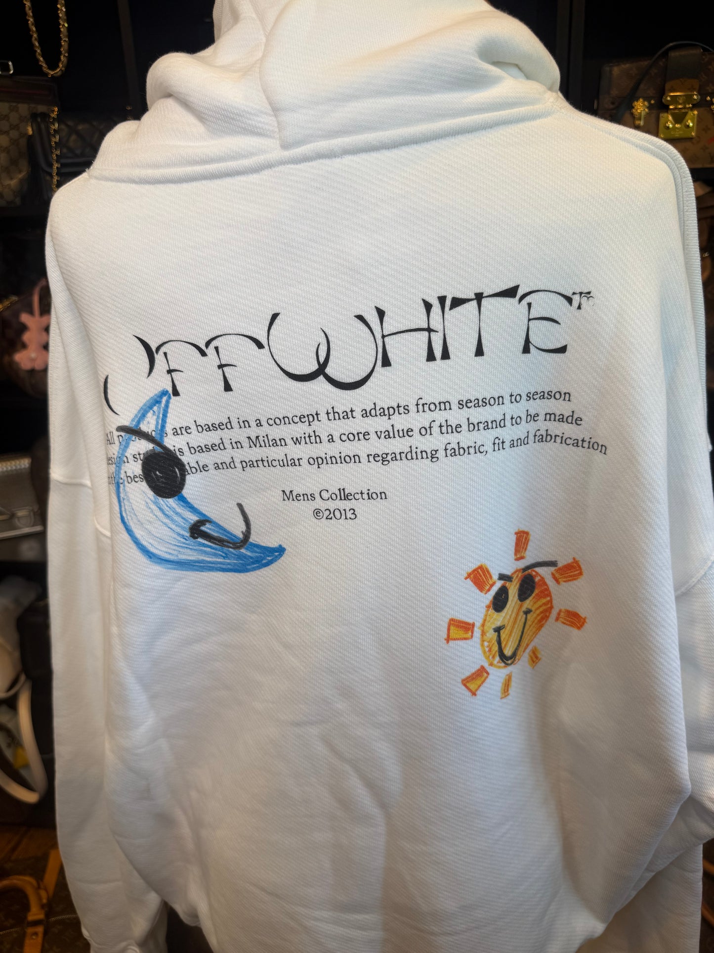 1630. Off White Crop Hoodie featuring Moon and Sun Logo on back M