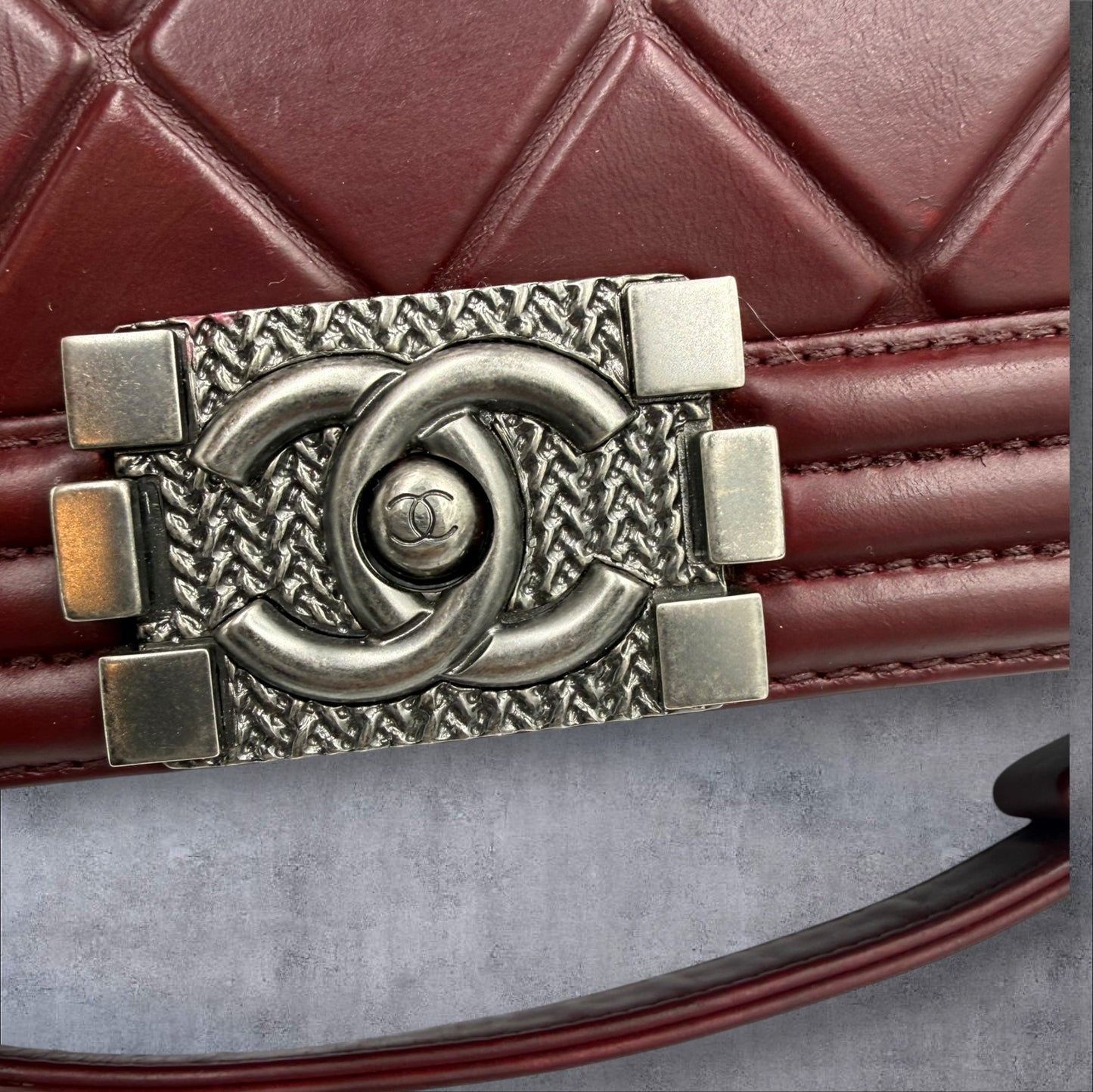 710. Chanel Burgundy Embossed Calfskin Paris Salzburg Medium Boy