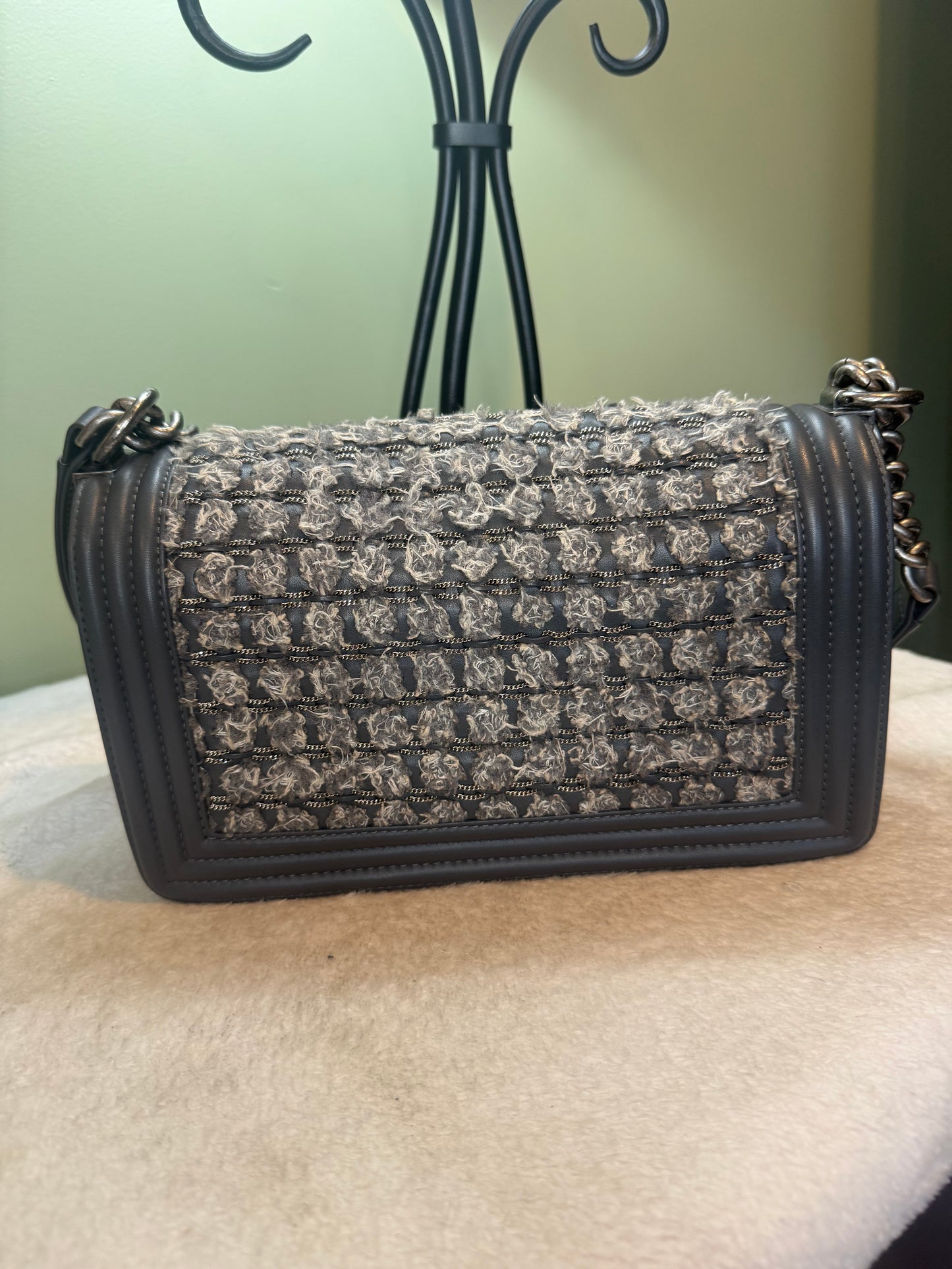 990. Chanel Grey Medium Braided tweed Calfskin Boy Bag Series 23