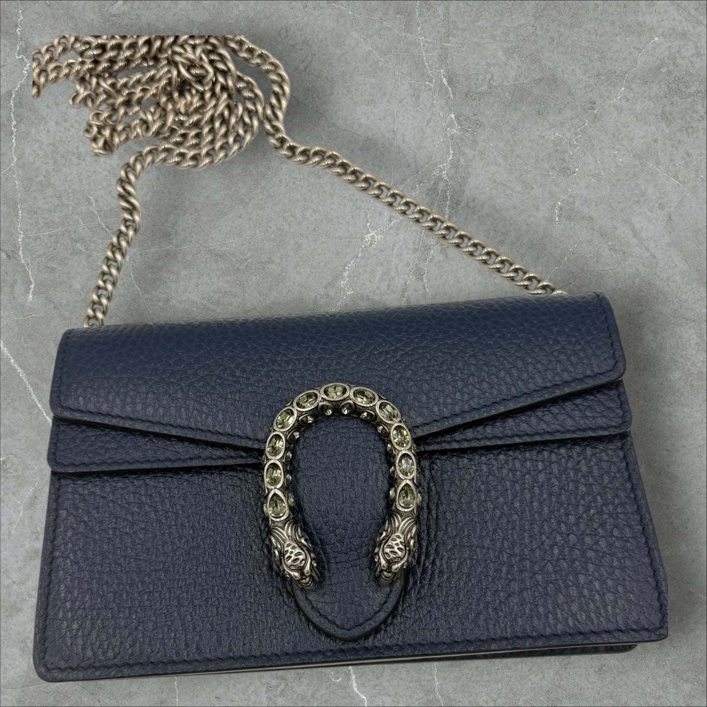 268. Gucci Navy Super Mini Leather Dionysus Chain Wallet
