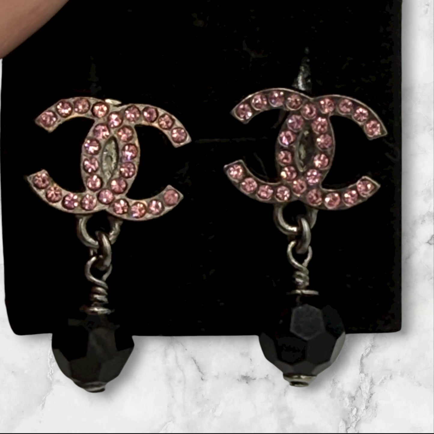 Chanel CC Drop Pierced Earrings with Pink Rhinestone and Black beads