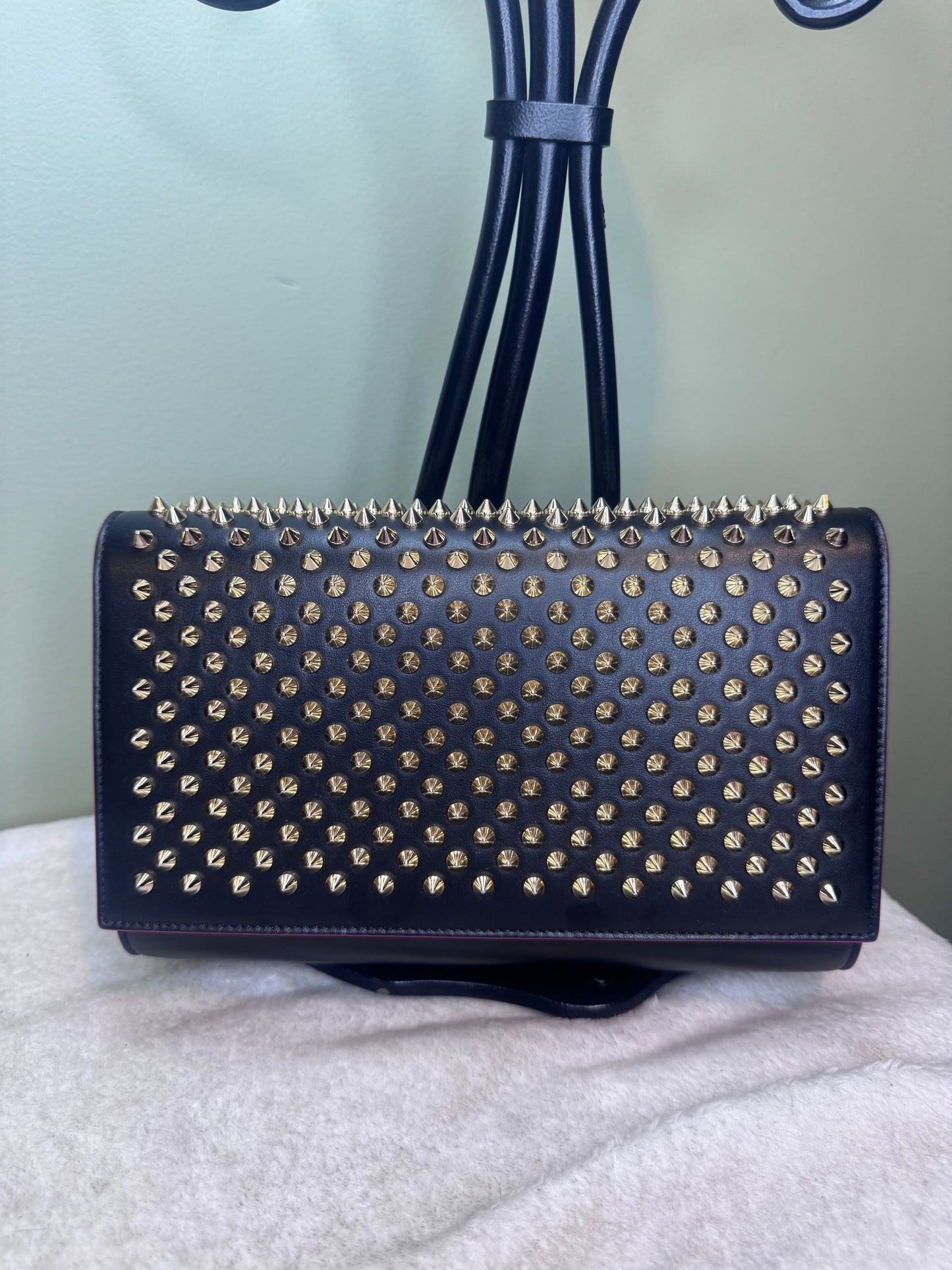 1404. Christian Louboutin Black Studded Paloma Clutch with Cheetah