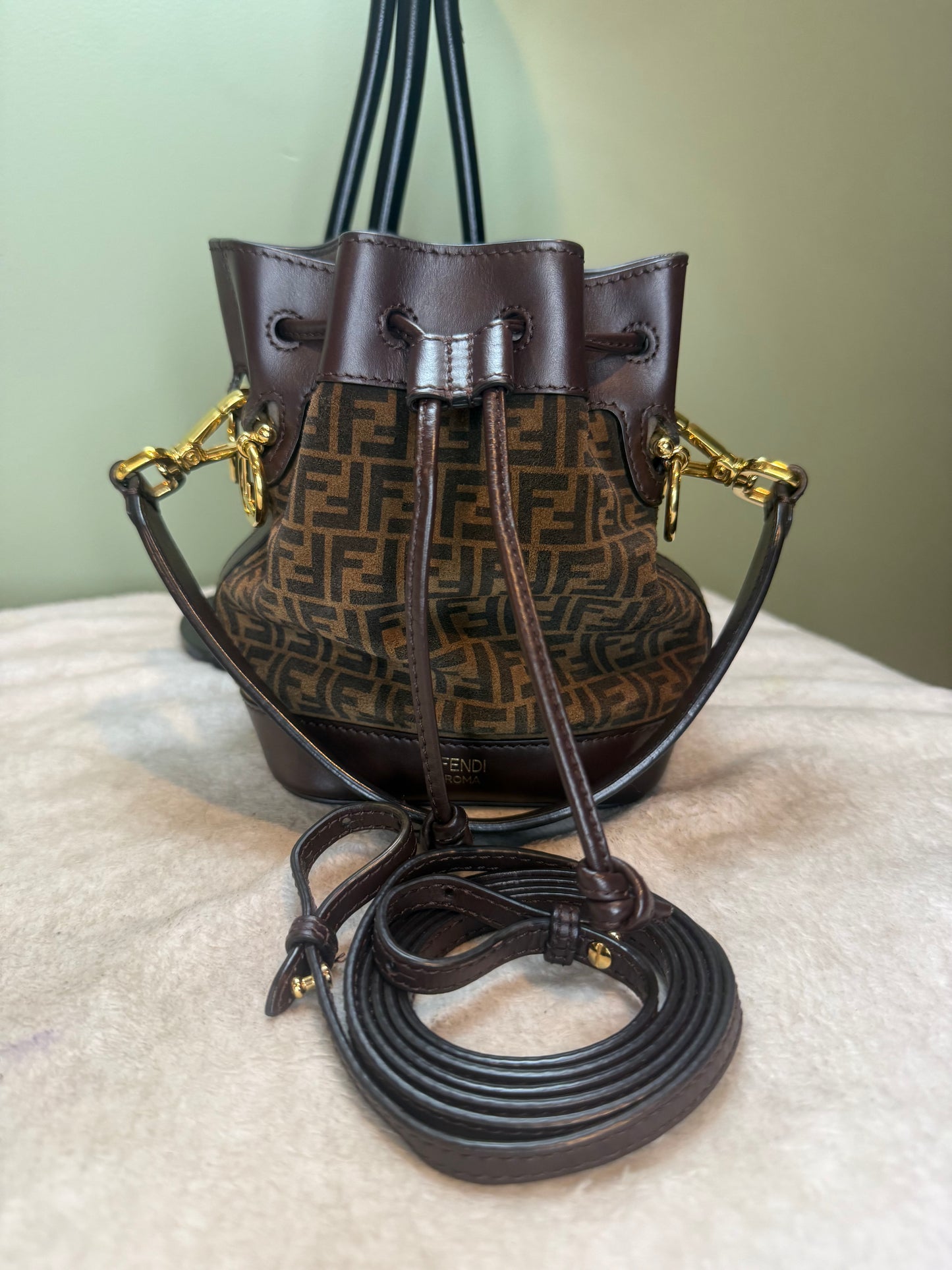 1543. Fendi Brown Suede Mon Tresor Mini Bucket Bag