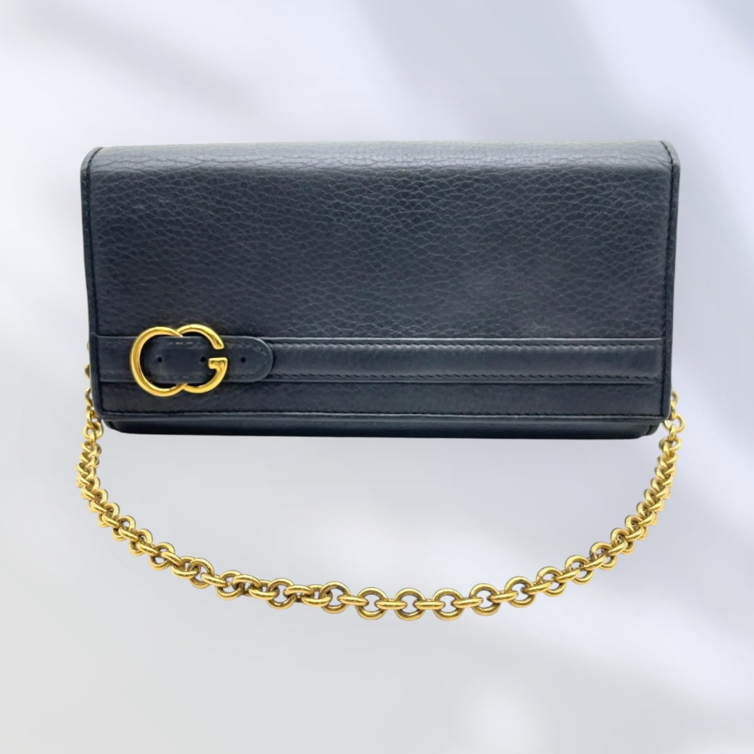 Gucci Belt Design Black Leather Chain Long Wallet