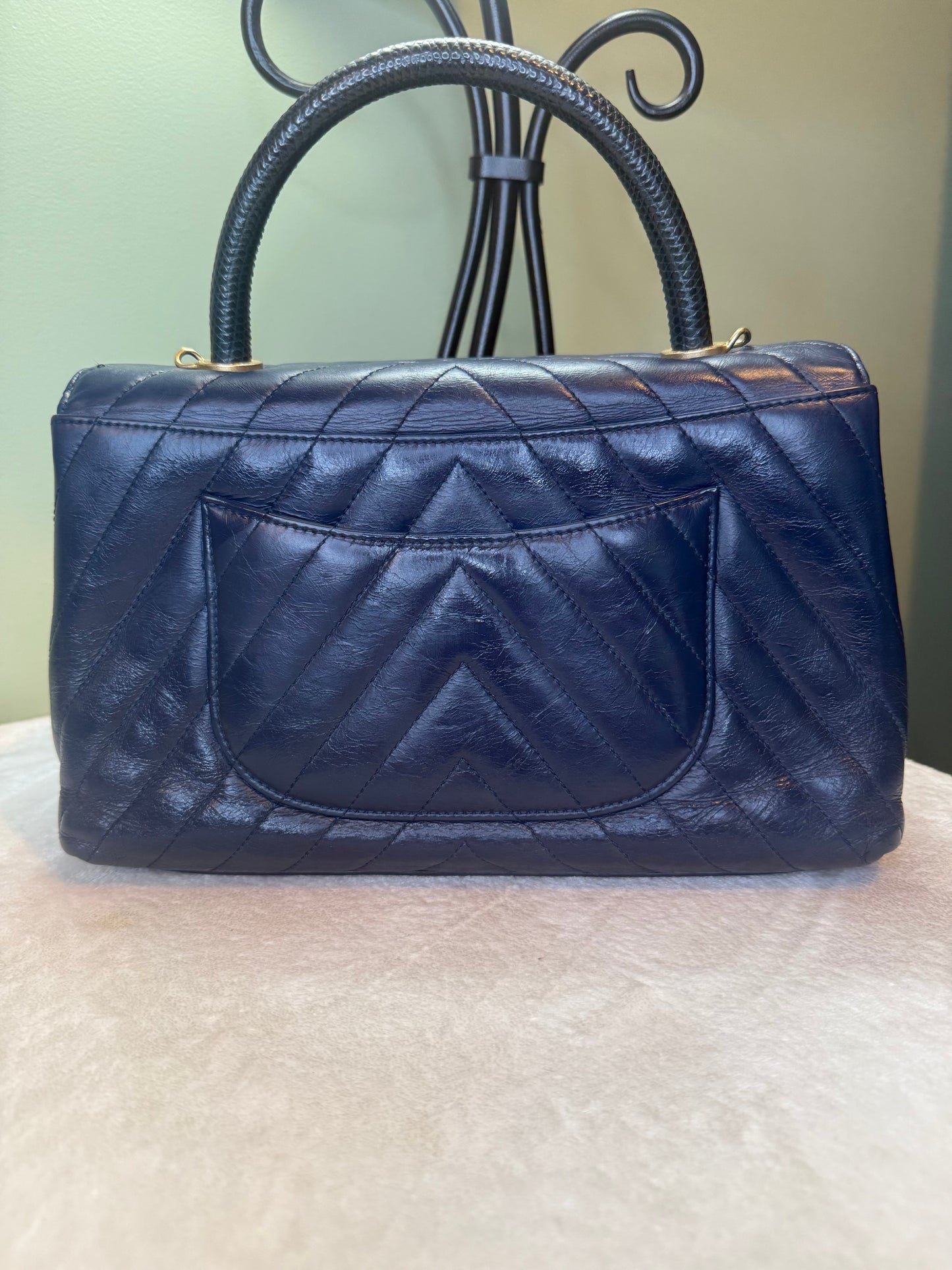 1898. Chanel Navy Crinkled Calfskin Lizard Medium Coco Top Handle Flat Bag