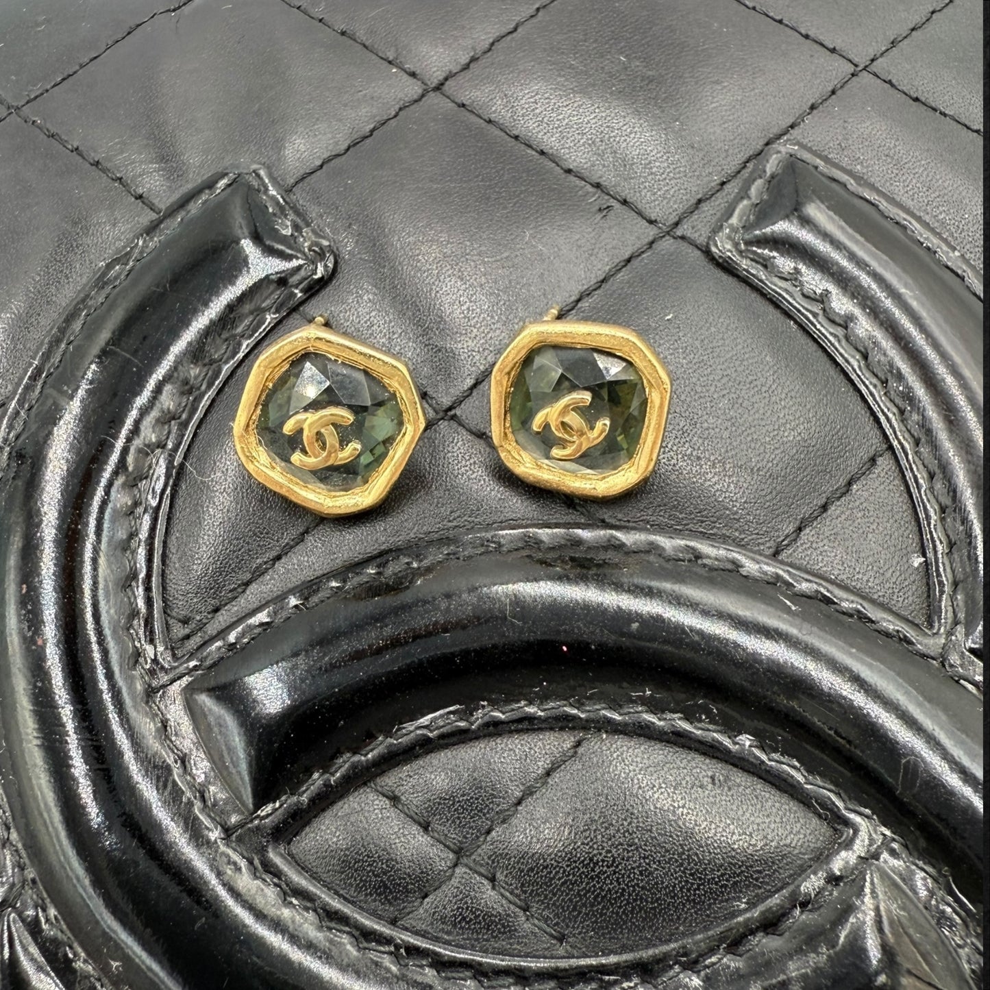 298. Chanel Coco Mark Stone Rhinestone Gold Plated  CC Earrings