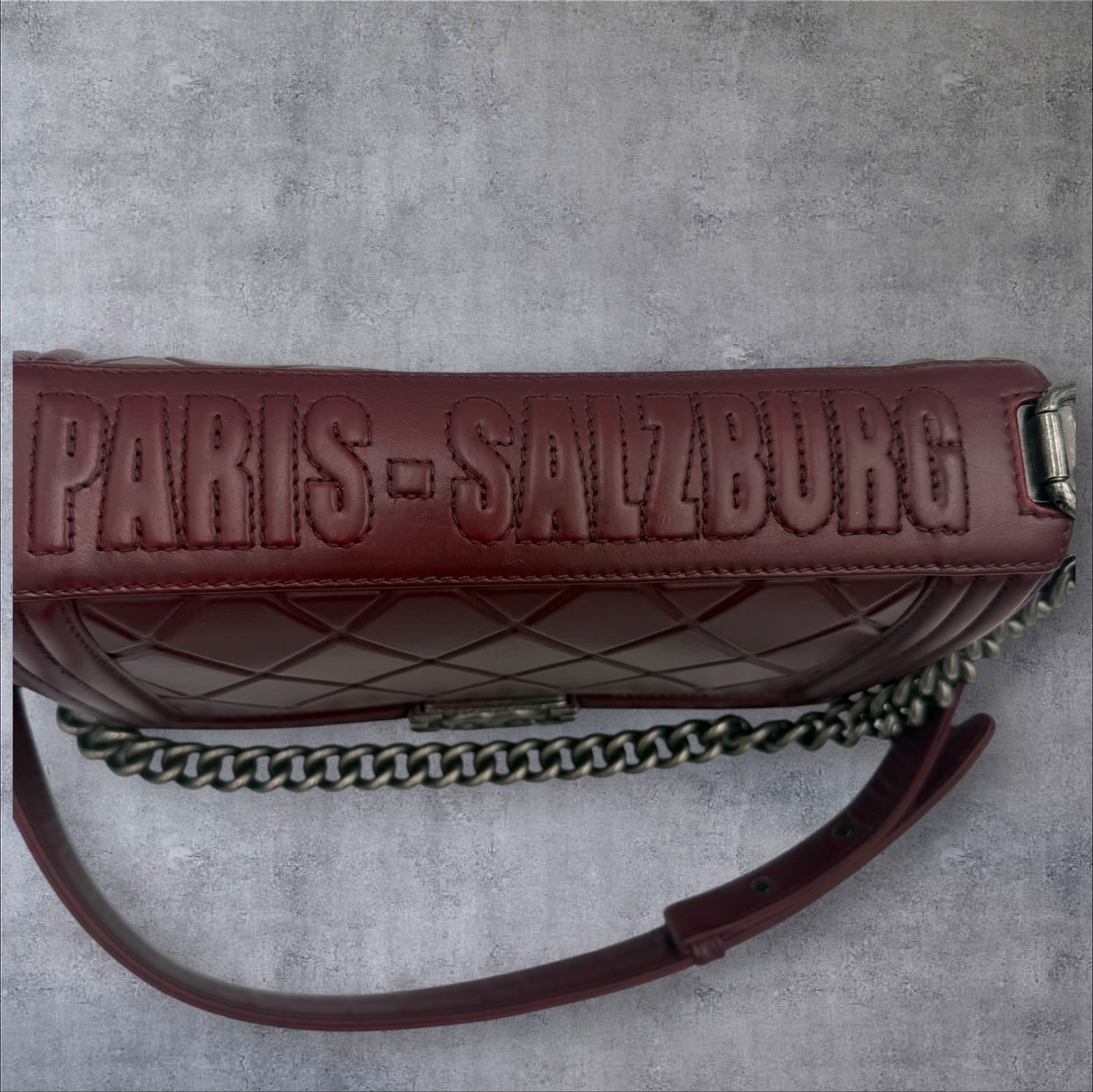 710. Chanel Burgundy Embossed Calfskin Paris Salzburg Medium Boy