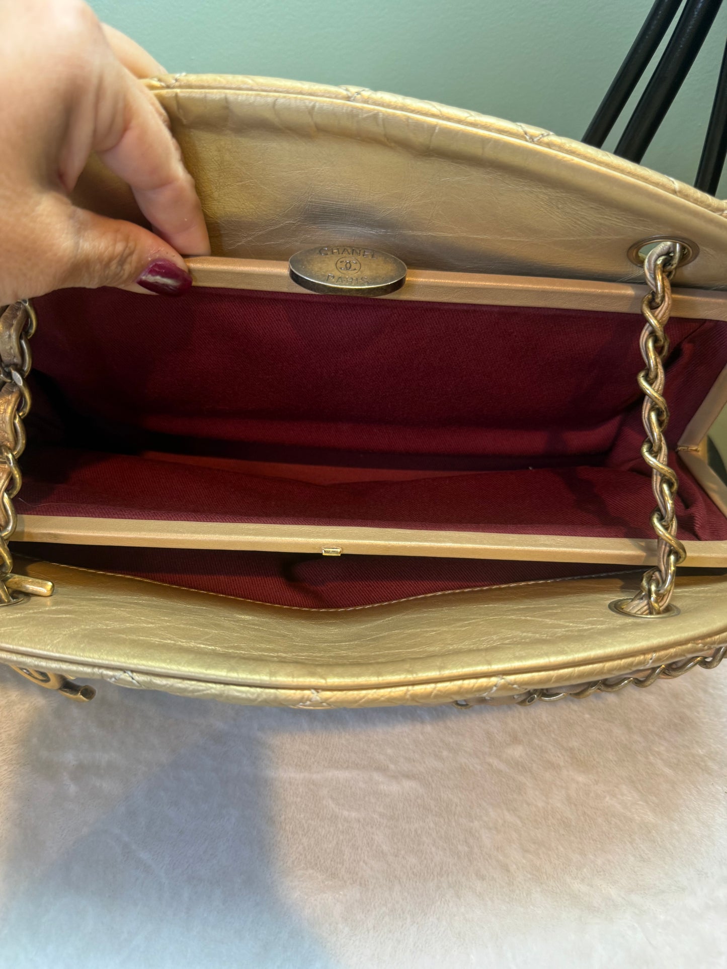 1851. Chanel Gold Aged Calfskin Just Mademoiselle Bowling Bag