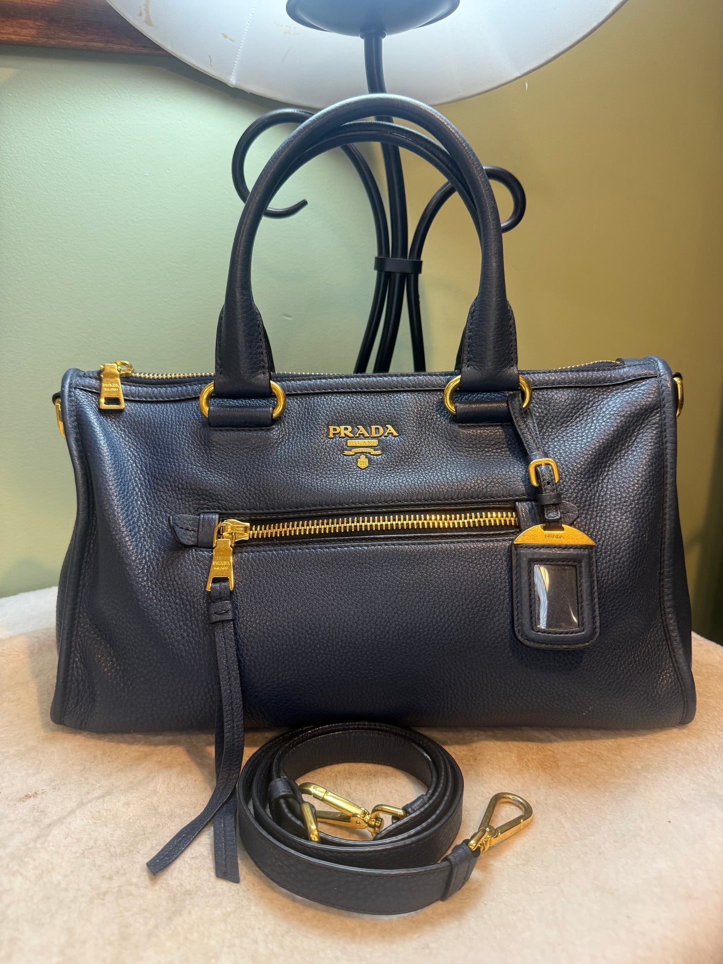 1664. Prada Navy Leather Vitello Daino Motor 2-way Tote
