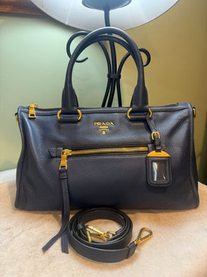 1664. Prada Navy Leather Vitello Daino Motor 2-way Tote