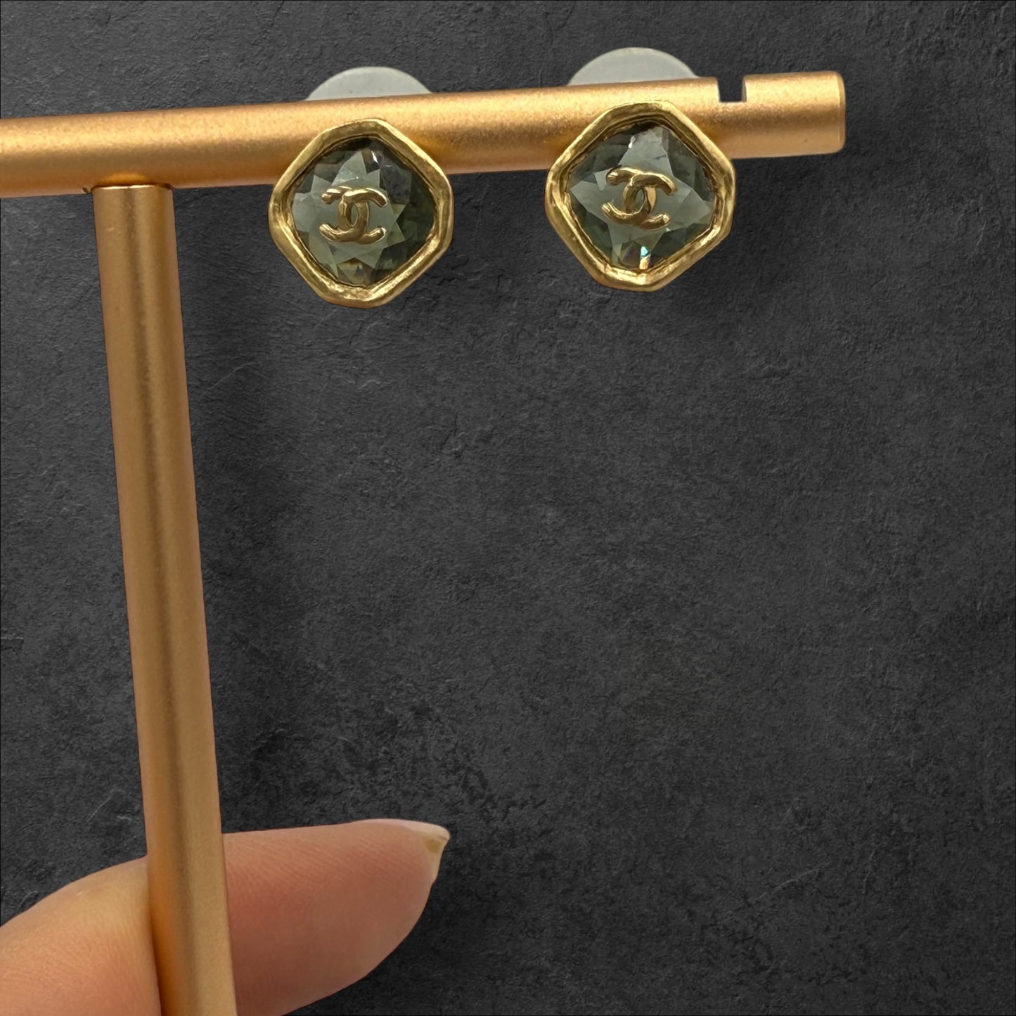 298. Chanel Coco Mark Stone Rhinestone Gold Plated  CC Earrings