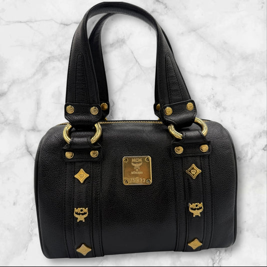 MCM Black Leather Small Logo Studded Boston Bag