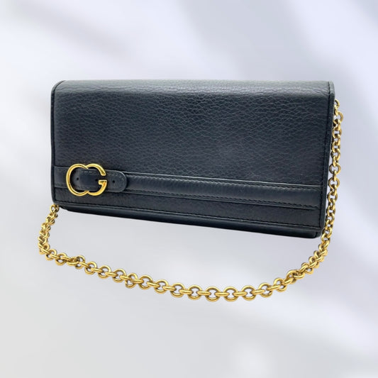 Gucci Belt Design Black Leather Chain Long Wallet