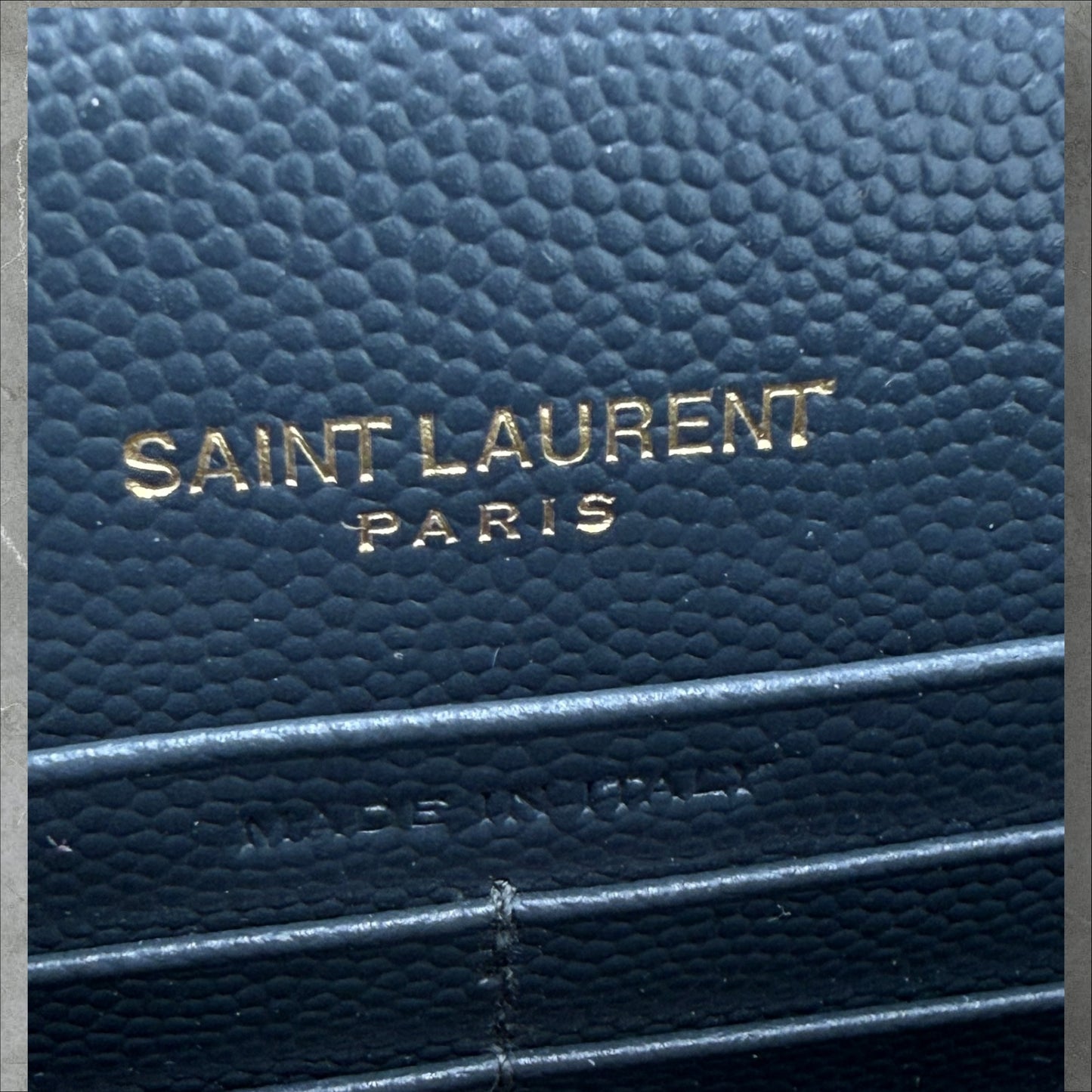 Saint Laurent YSL Dark Grey pebbled Chevron Cassandre Wallet on Chain