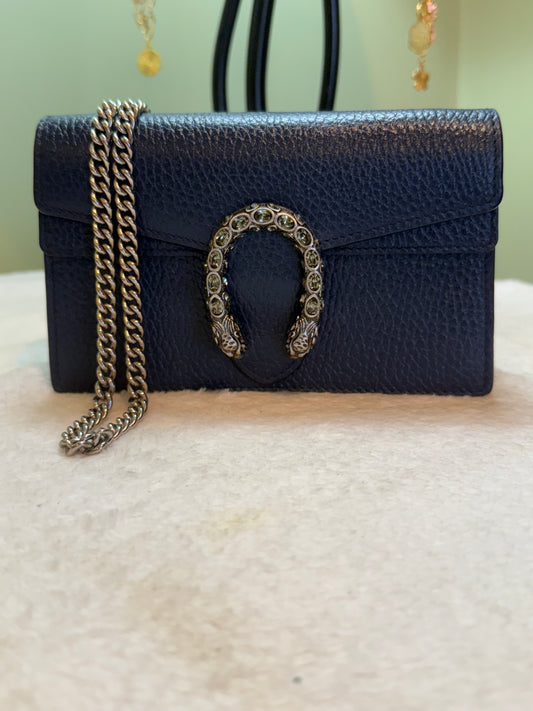 268. Gucci Navy Super Mini Leather Dionysus Chain Wallet
