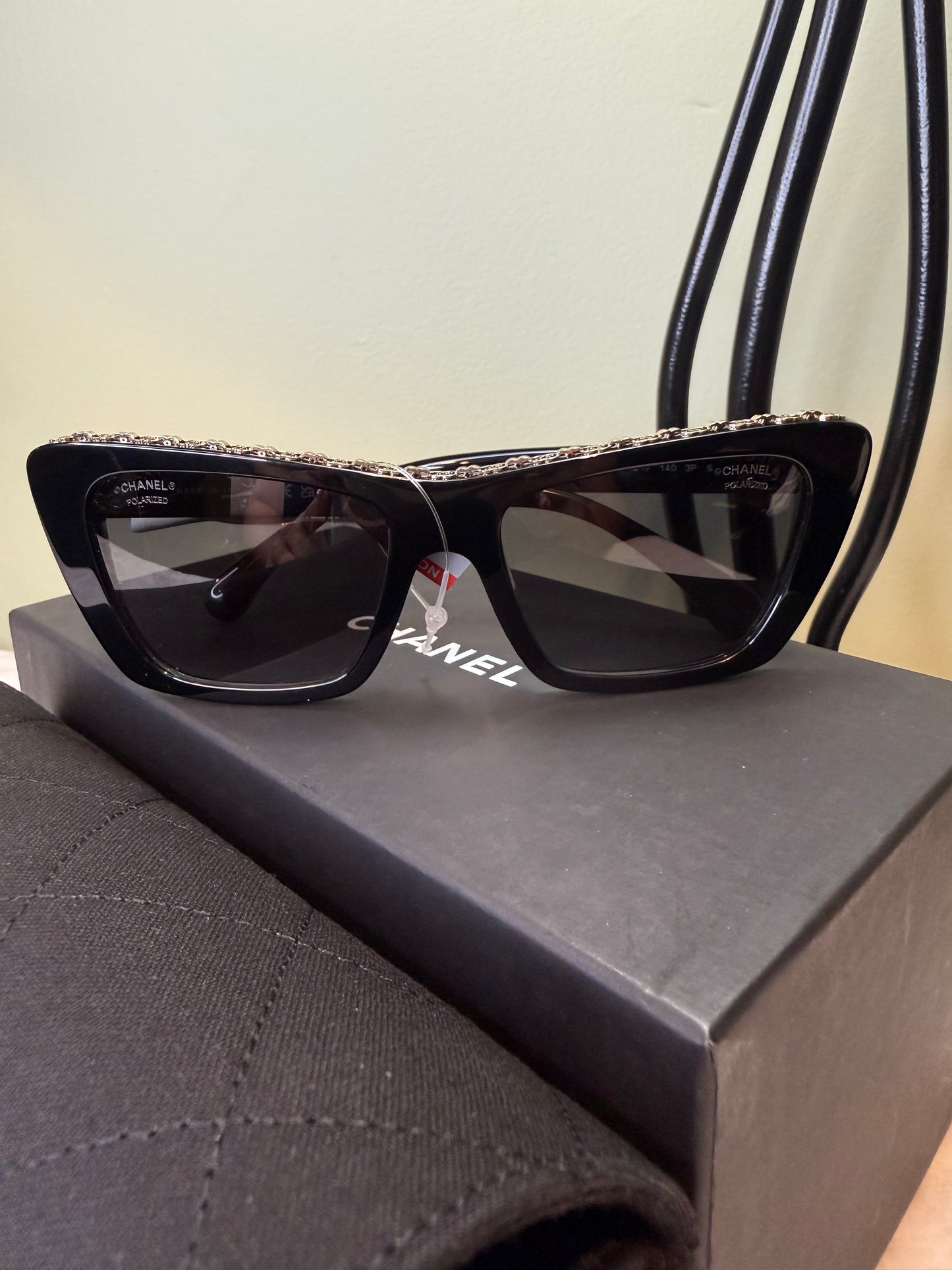 1789. Chanel Black Butterfly Sunglasses with Gold Chain