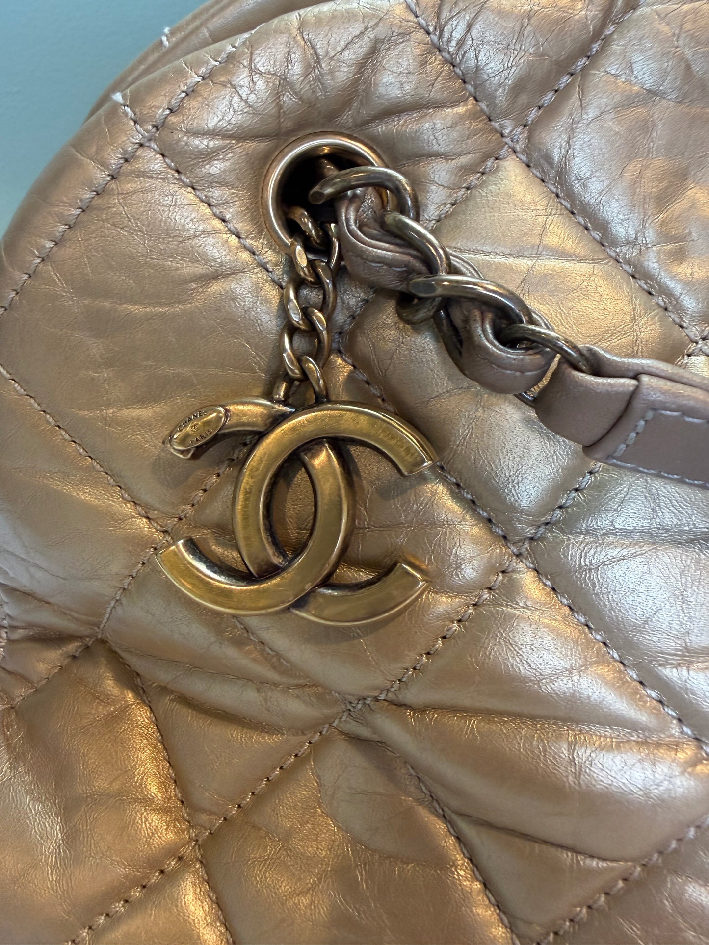 1851. Chanel Gold Aged Calfskin Just Mademoiselle Bowling Bag