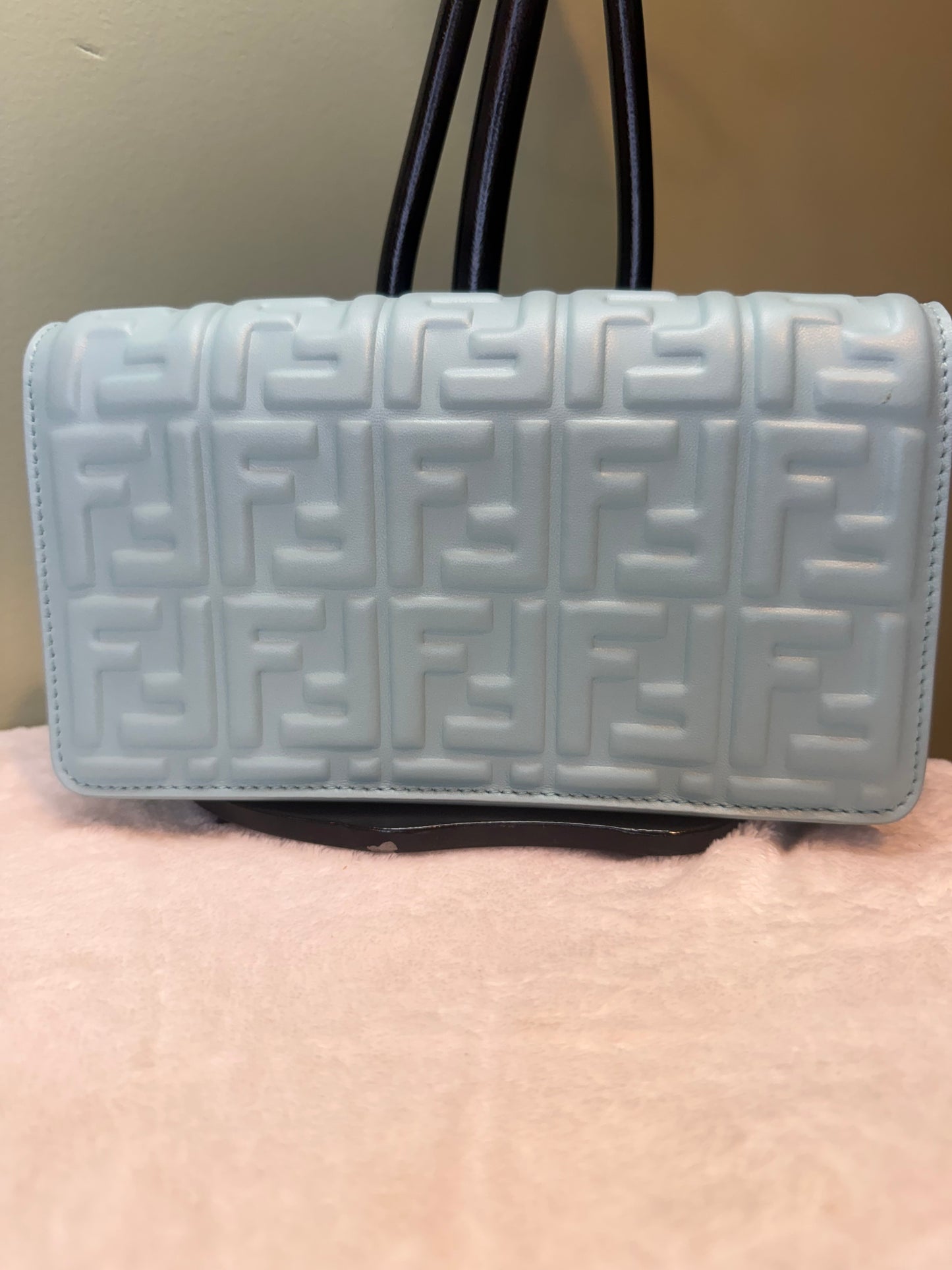 1909. Fendi Light Blue Nappa Leather Wallet on Chain Baguette