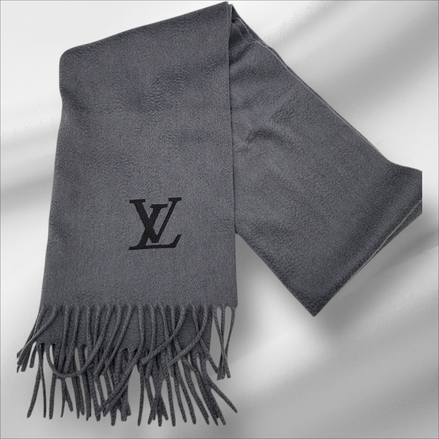 303. Louis Vuitton Grey Fringe 100% Cashmere Scarf