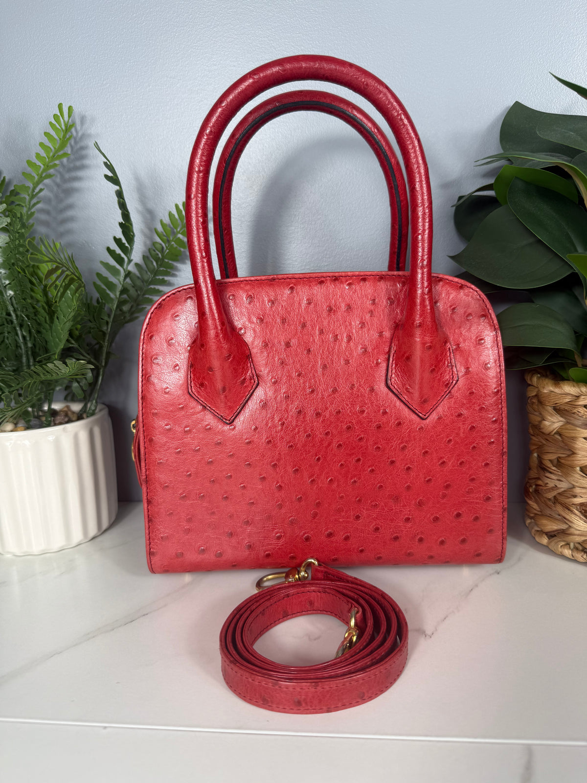 2223. Fendi Red Ostrich Leather Two Way Bag