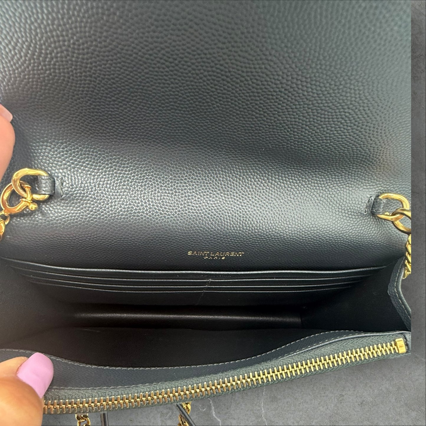 Saint Laurent YSL Dark Grey pebbled Chevron Cassandre Wallet on Chain