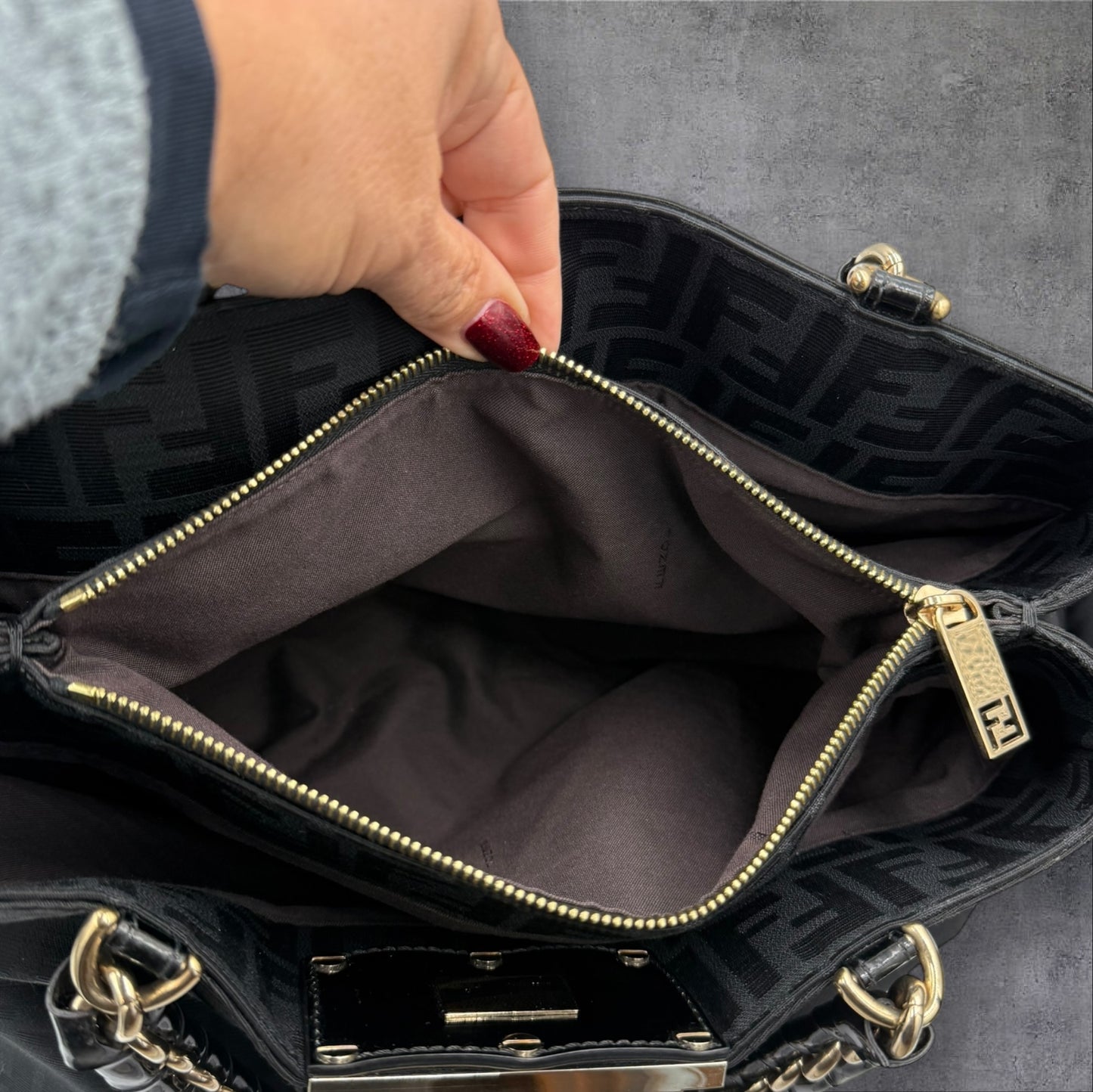 273. Fendi Large Zucca Black Canvas Monogram Mia Shoulder Bag