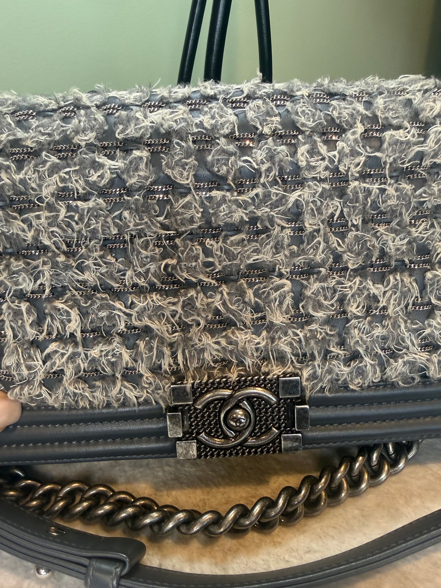 990. Chanel Grey Medium Braided tweed Calfskin Boy Bag Series 23