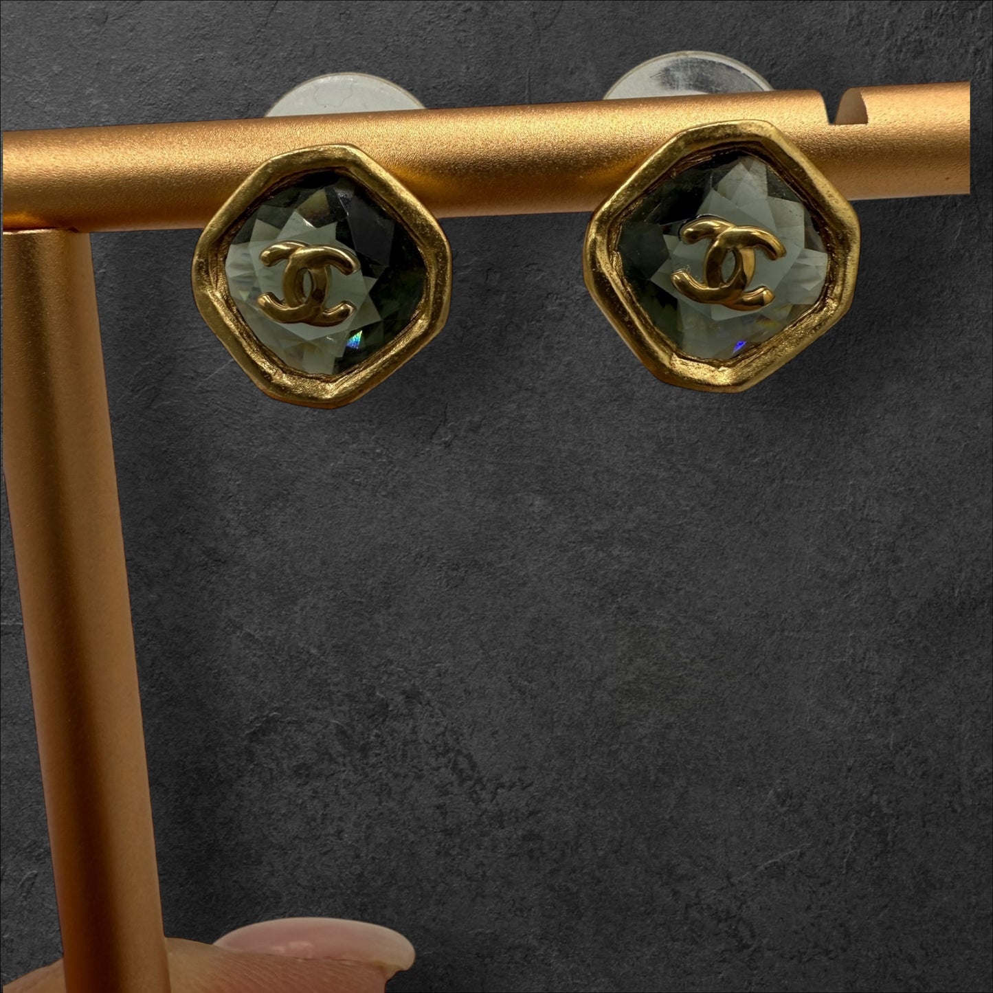 298. Chanel Coco Mark Stone Rhinestone Gold Plated  CC Earrings