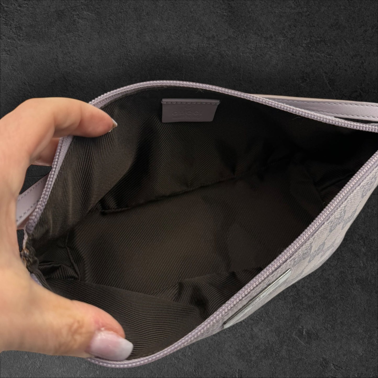 413. Gucci Lavender GG Canvas Accessory Pouch with silver Hardware