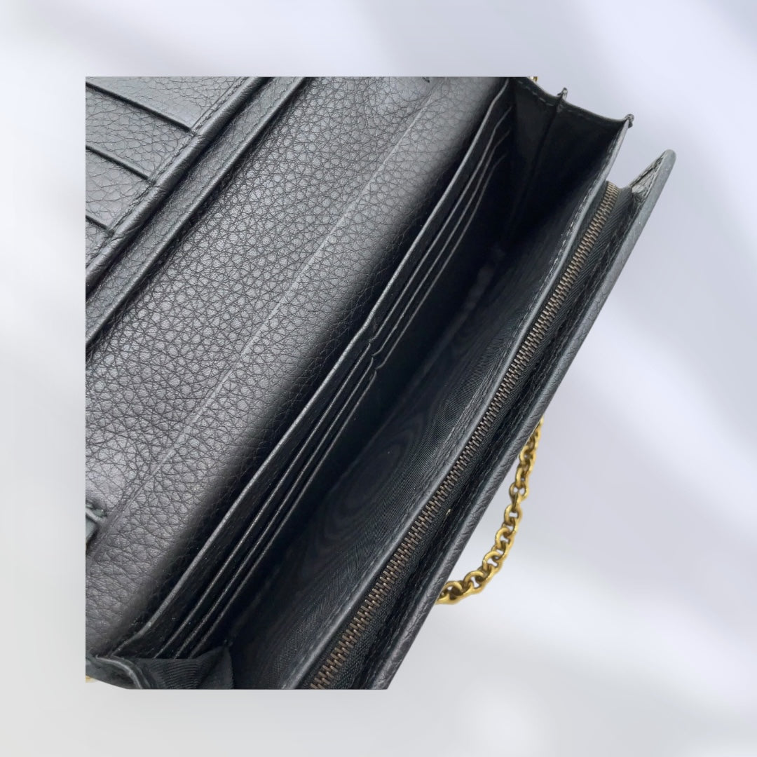 Gucci Belt Design Black Leather Chain Long Wallet