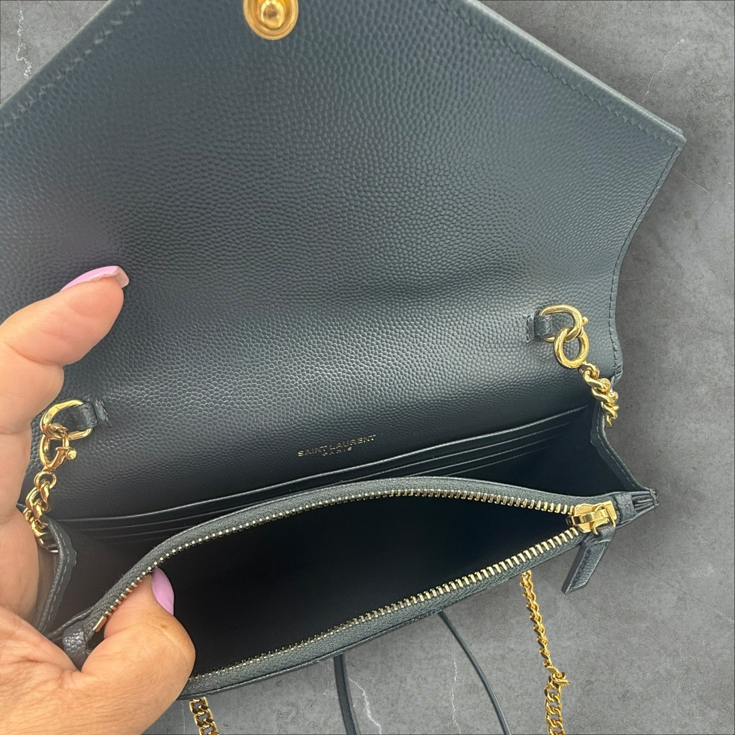 Saint Laurent YSL Dark Grey pebbled Chevron Cassandre Wallet on Chain