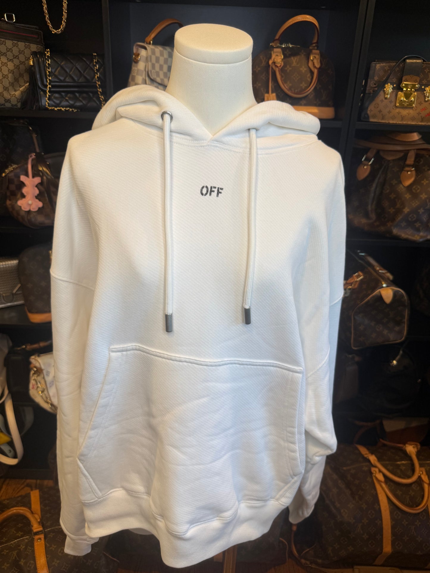 1630. Off White Crop Hoodie featuring Moon and Sun Logo on back M
