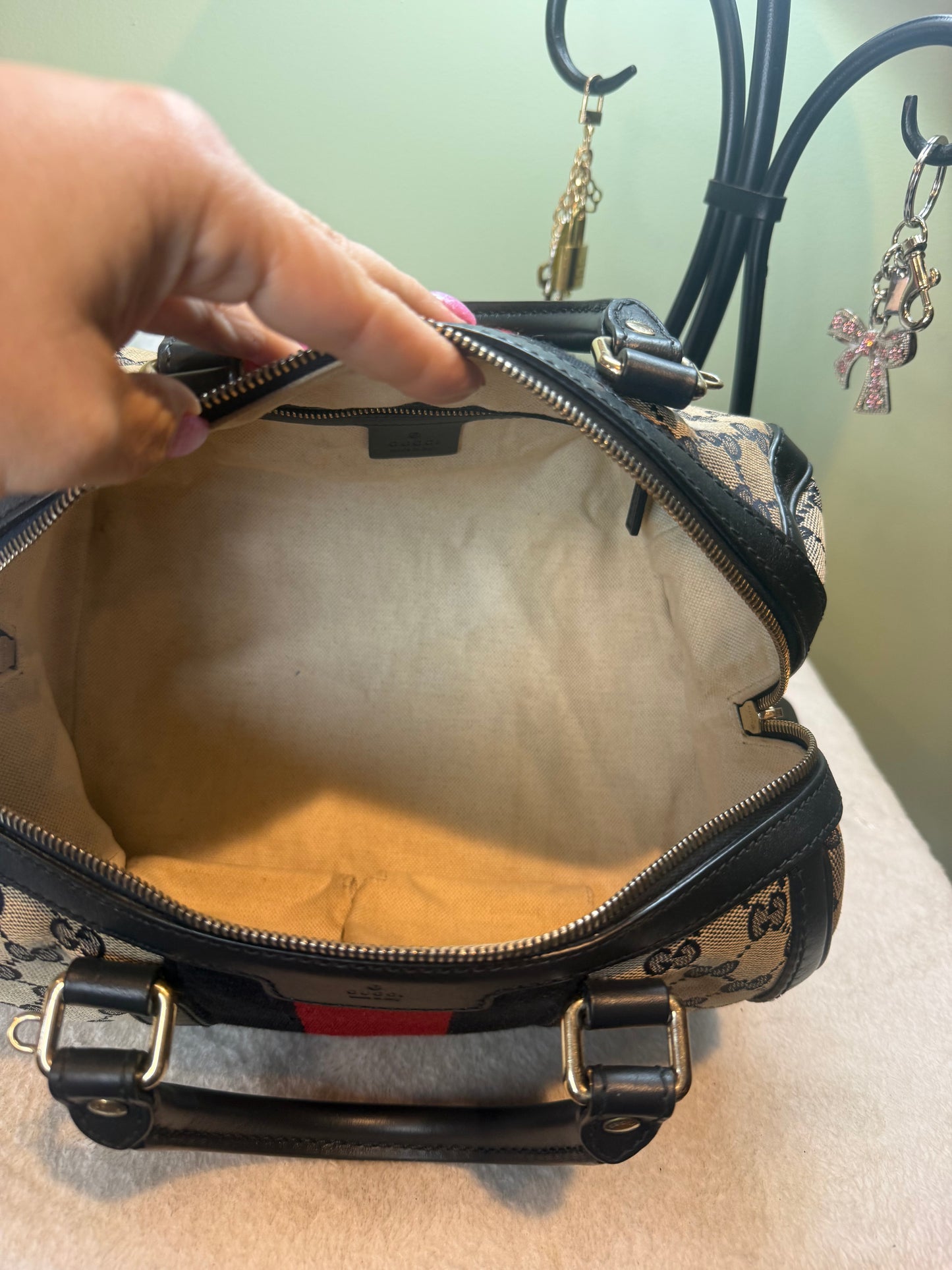 837. Gucci Monogram Vintage Ophidia Web Boston Bag