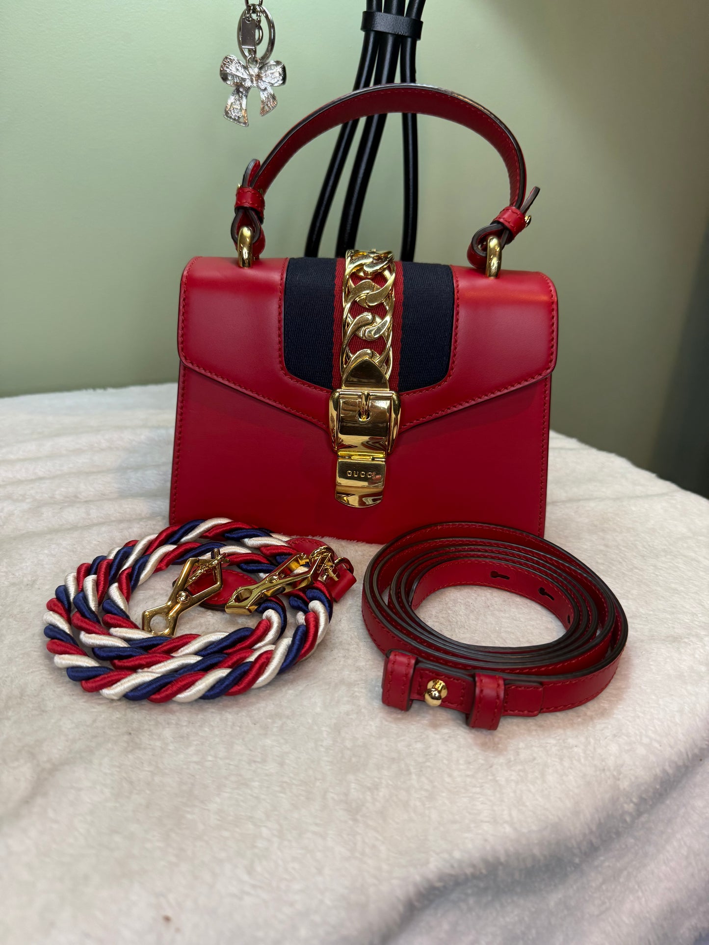 1108. Gucci Red Mini Sylvie Top handles with both Straps