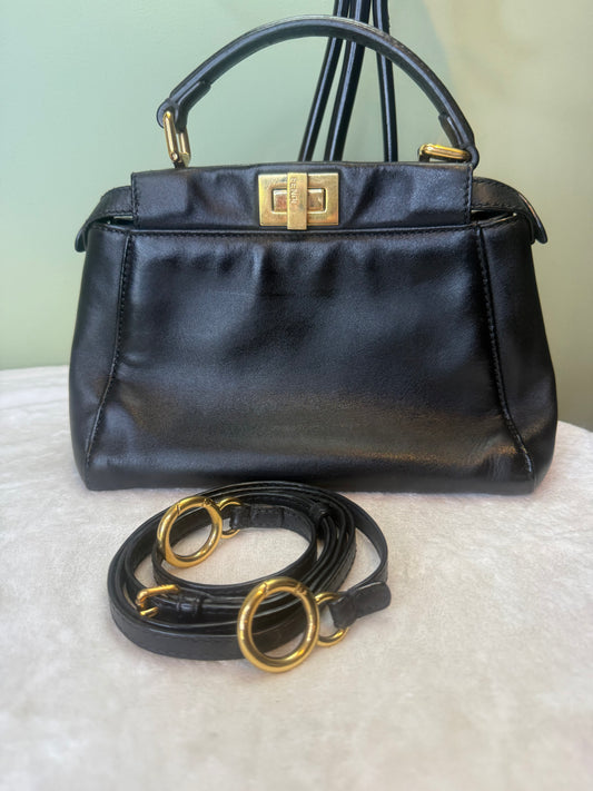 2044. Fendi Black Leather Mini Peekaboo