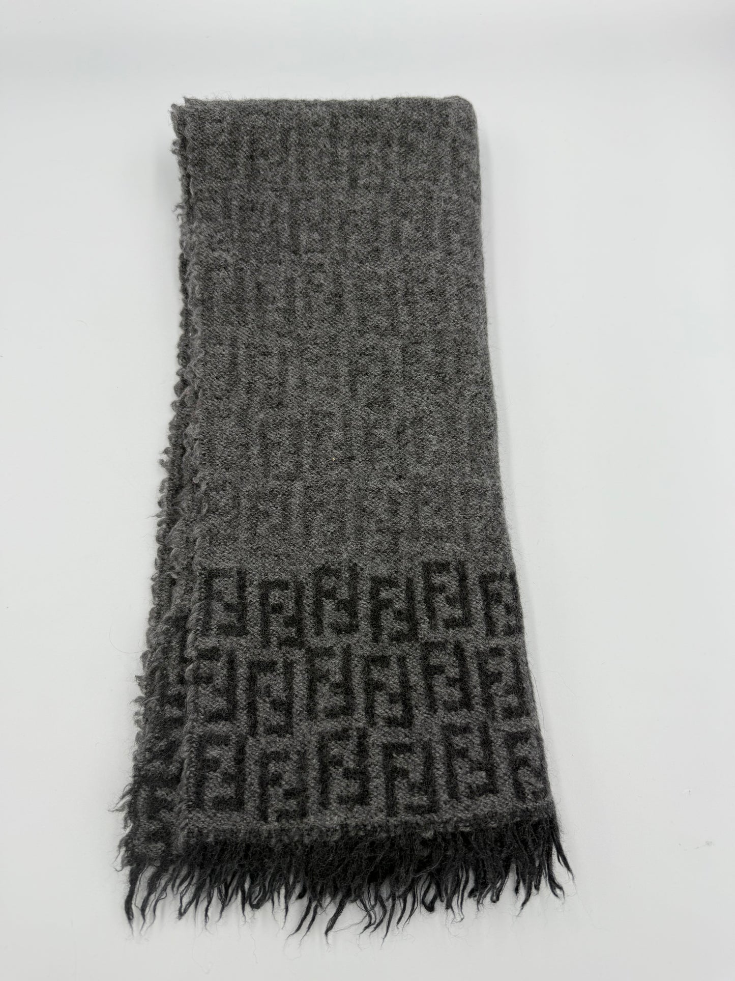 329. Fendi Grey Fringe Wool Scarf with FF monogram logo