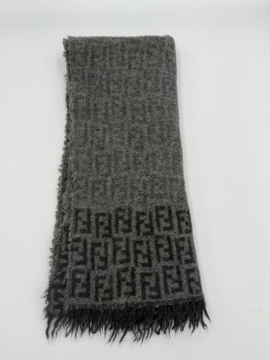329. Fendi Grey Fringe Wool Scarf with FF monogram logo